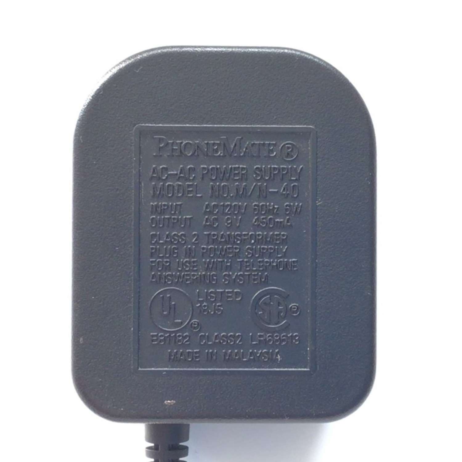 CARGADOR / ADAPTADOR DE FUENTE DE ALIMENTACION AC-AC PHONEMATE / NUMERO DE PARTE N0.M/N-40 / ENTRADA VCA 120V 60HZ 6W / SALIDA VCA 9V 450MA / E81182 / MODELO N0.M/N-40 - Imagen 3